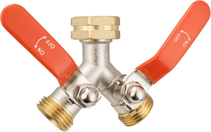 Hose Splitter 2 Way, Brass High Flow Garden Hose Splitter Heavy Duty, Hose Connector, Water Spigot Splitter, Full Flow Faucet Splitters with shutoff, 3/4” GHT Inlet
