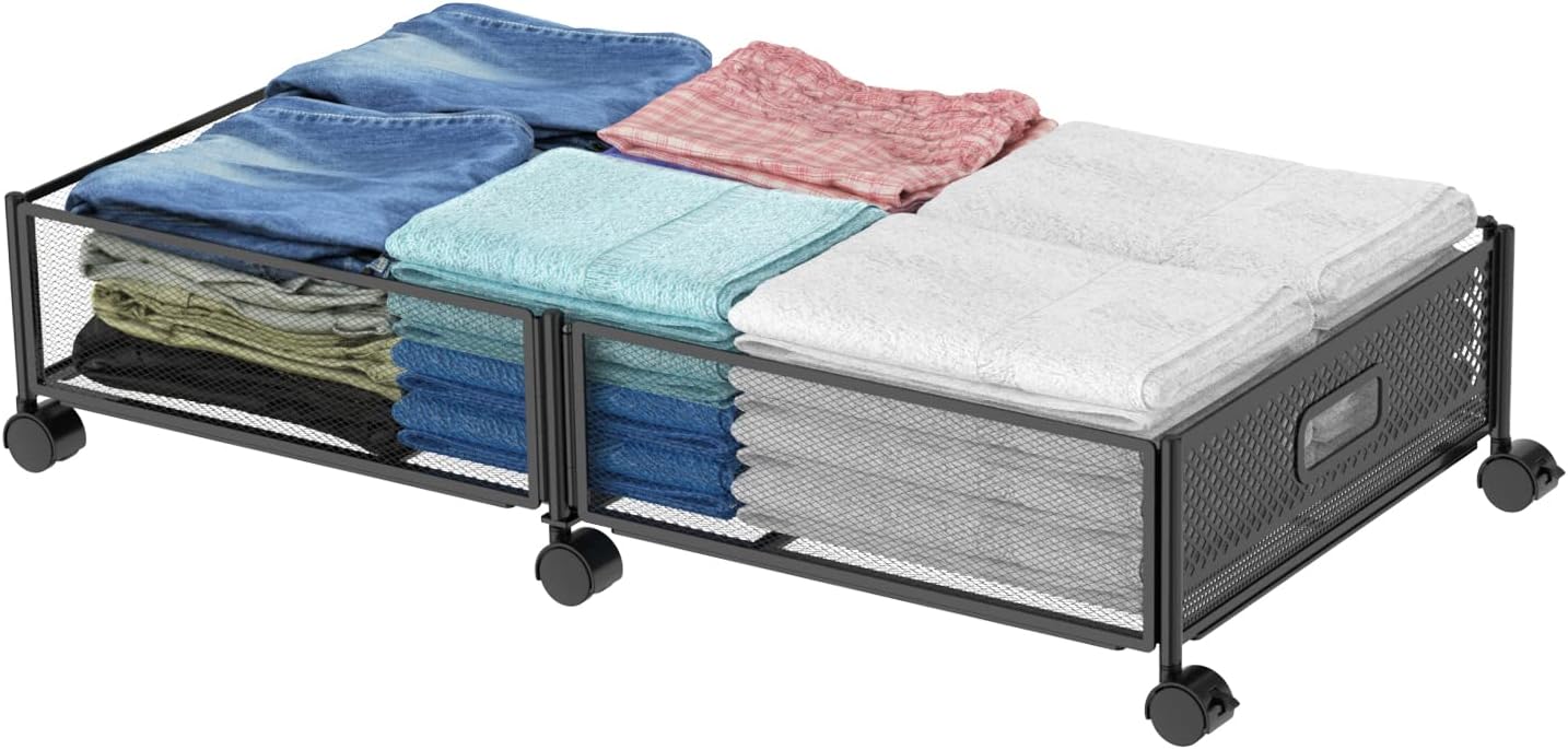 47.2'' Long Under Bed Storage on Wheels, 57.6L Large Capacity Rolling Under the Bed Storage Containers, Tool-Free Assembly Foldable Underbed Shoes Clothes Toy Drawers