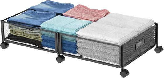 47.2'' Long Under Bed Storage on Wheels, 57.6L Large Capacity Rolling Under the Bed Storage Containers, Tool-Free Assembly Foldable Underbed Shoes Clothes Toy Drawers