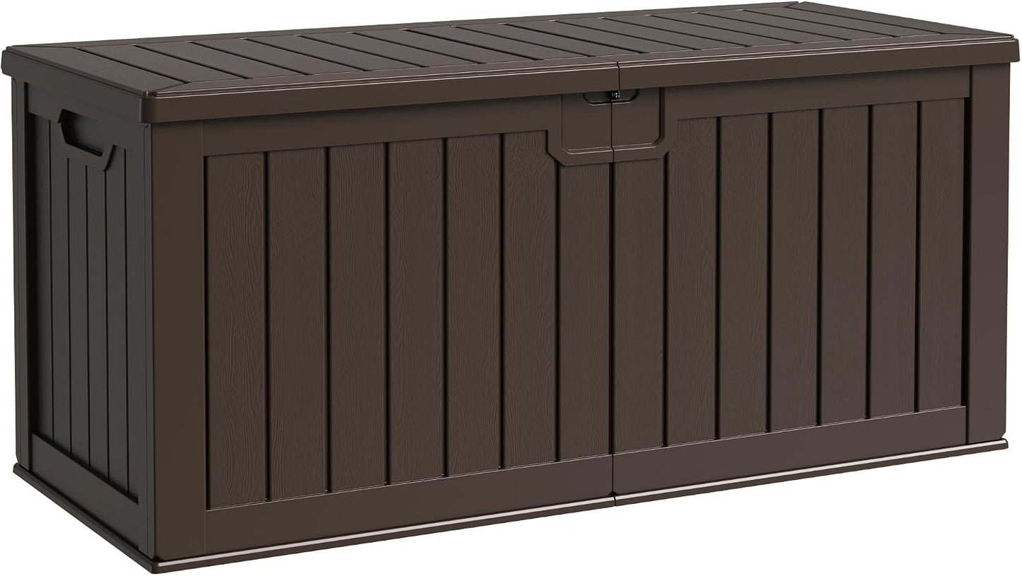 Flamaker Resin Deck Box 120 Gallon Waterproof Large Outdoor Indoor Storage Box Imitation Wood Resin for Patio Furniture Garden Tools and Pool (Black)