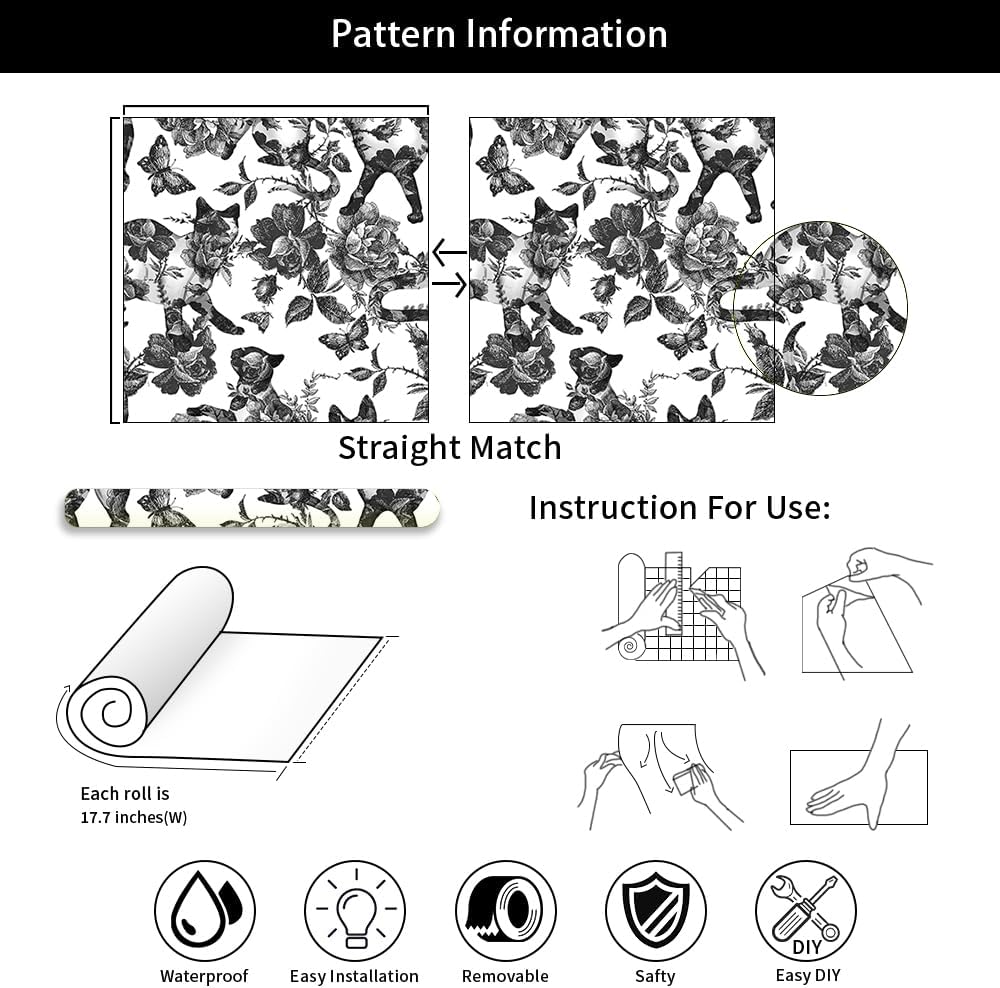 MuralPeel White Poppies Floral Modern Grey Peonies Flowers Peel and Stick Wallpaper Self Adhesive Removable Easy Peel Off Stick on Wall Paper for Bedroom Renter