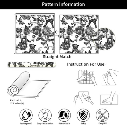 MuralPeel White Poppies Floral Modern Grey Peonies Flowers Peel and Stick Wallpaper Self Adhesive Removable Easy Peel Off Stick on Wall Paper for Bedroom Renter