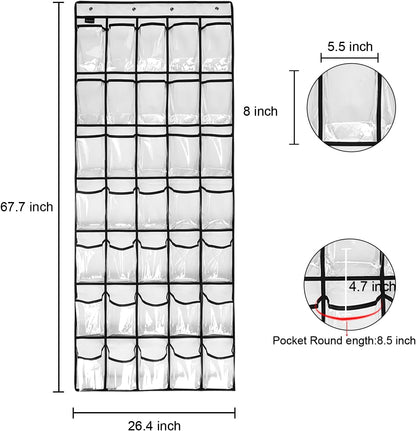 1 Pack 35 Clear Crystal Pockets Large Hanging Shoe Organizer Over The Door Shoe Rack for Closet Door Storage Shoe Holder Hanger, 4Hooks, white (67.7'' x 26.4'')