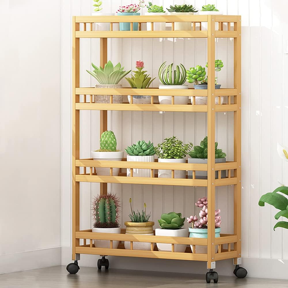 4-Tier Bamboo Kitchen Rolling Cart Removable Wood Trolley Island Cart, Utility Cart Multi-Layer Storage Shelf Rack on Wheels (19.7" L X 7.1" W X37.8 H)