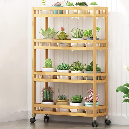 4-Tier Bamboo Kitchen Rolling Cart Removable Wood Trolley Island Cart, Utility Cart Multi-Layer Storage Shelf Rack on Wheels (19.7" L X 7.1" W X37.8 H)