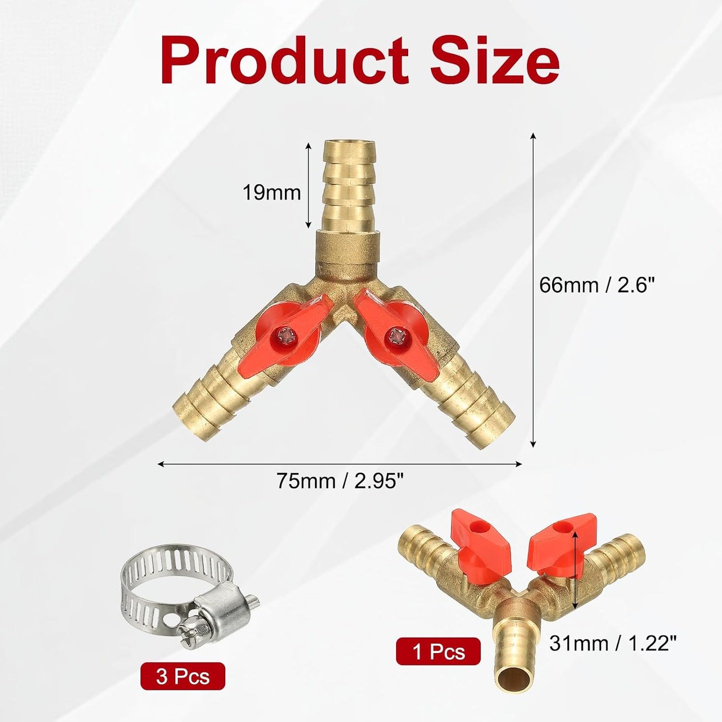 PATIKIL 3 Way Shut Off Ball Valve, 1/4" Y Shaped 3 Way Brass Garden Hose Barb Splitter Line Sprayer Parts Coolant Hose Valve Fitting with 2 Red Switch for Gas Fuel Oxygen, 1 Set