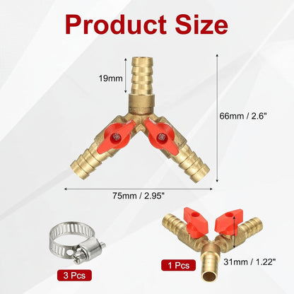 PATIKIL 3 Way Shut Off Ball Valve, 1/4" Y Shaped 3 Way Brass Garden Hose Barb Splitter Line Sprayer Parts Coolant Hose Valve Fitting with 2 Red Switch for Gas Fuel Oxygen, 1 Set