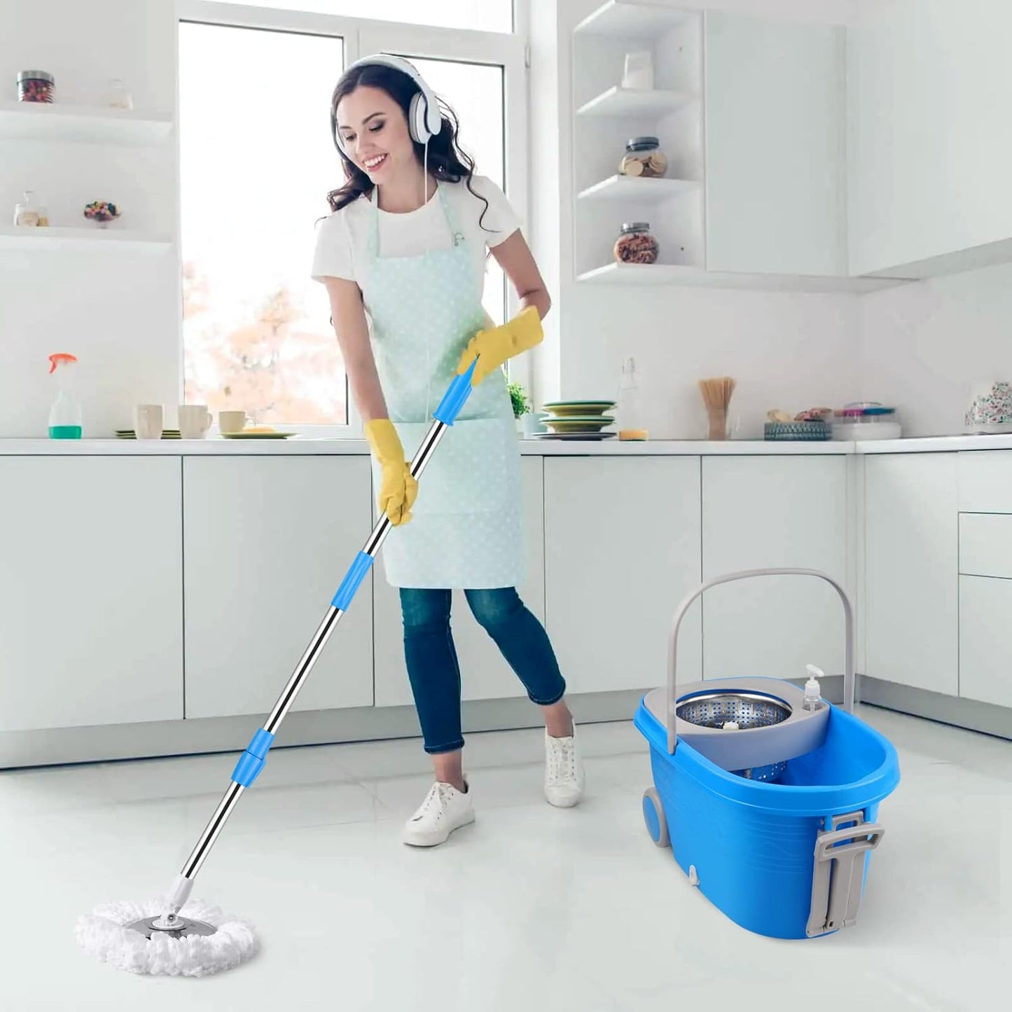 Spin Mop and Bucket with Wringer Set, 360° Spinning Mop Bucket System with 3 Microfiber Mop Replacement Heads and 50" Stainless Steel Adjustable Handle for Floor Cleaning
