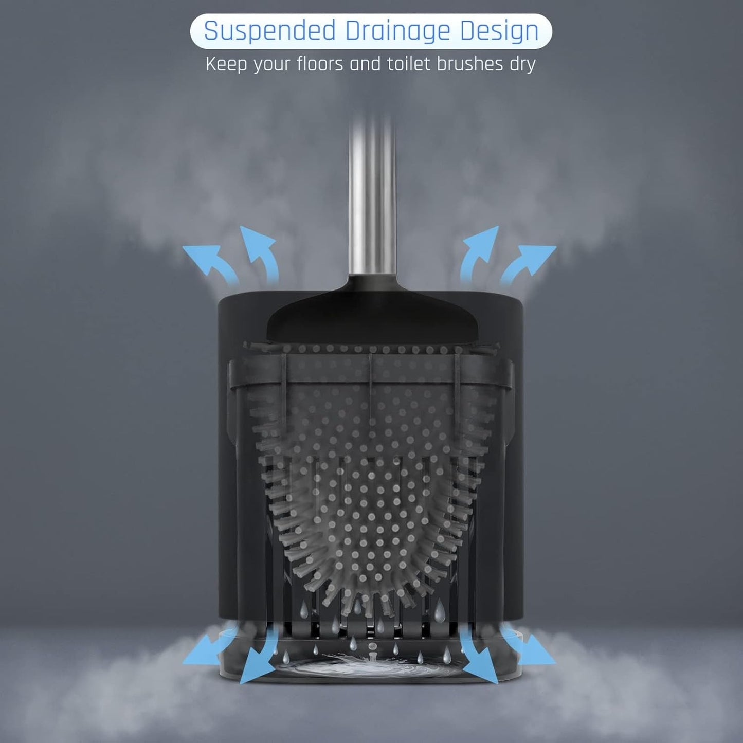 Sellemer Toilet Brush and Holder Set - Flexible Toilet Bowl Brush Head with Silicone Bristles, Compact Size for Storage and Organization, Ventilation Slots Base (1 Pack, Silver)
