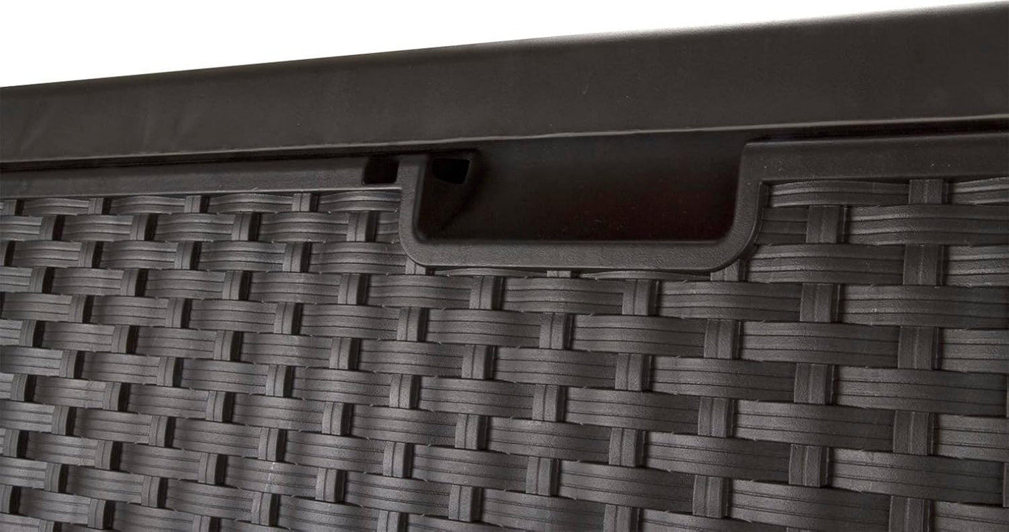 Suncast DBW9200 99 Gallon Outdoor Wicker resin Patio Storage Chest Bin with Handles for Patio, Garden, Garage, or Pool for All Weather, Mocha
