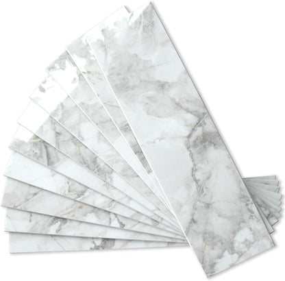 AULIGET 40-Piece Polished White Marble with Gold Peel and Stick Backsplash Wall Tiles, 3" x 12" PVC Faux Stone Stick on Tiles for Backsplash Kitchen, Bathroom, Laundry Room, Camper, Fireplace