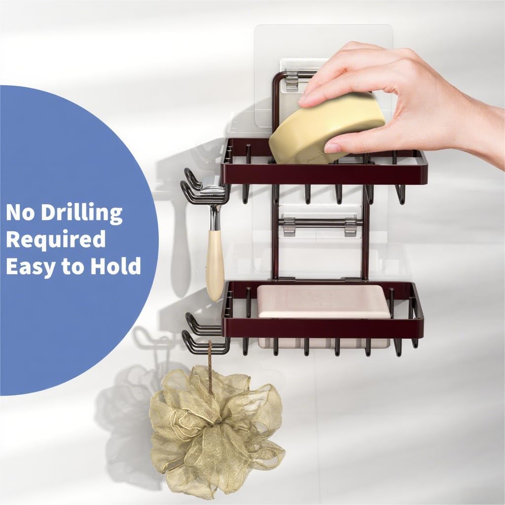 Moforoco Double Soap Bar Holder for Shower, No Drilling, 304 Stainless Steel, Wall Mounted Soap Holder with 4 Hooks and Razor Holder, Shower Rack Soap Tray Bar Soap for Bathroom Accessories Organizer