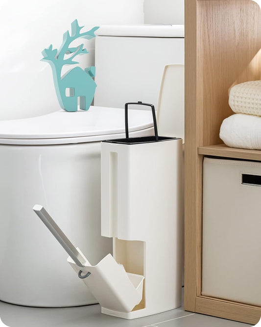 Baffect 2 Liter White Slim Bathroom Trash Can with Lid and Toilet Brush Holder