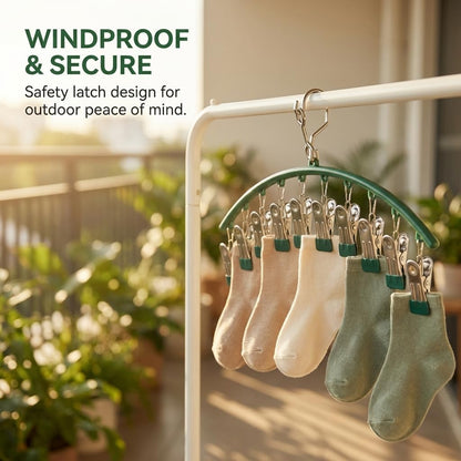 Stainless Steel Sock Drying Rack with 10 Clips 3-Pack, Windproof Laundry Hanger with Non-Slip Clips, Space Saving for Underwear Bras Socks Indoor Outdoor Use (Green)