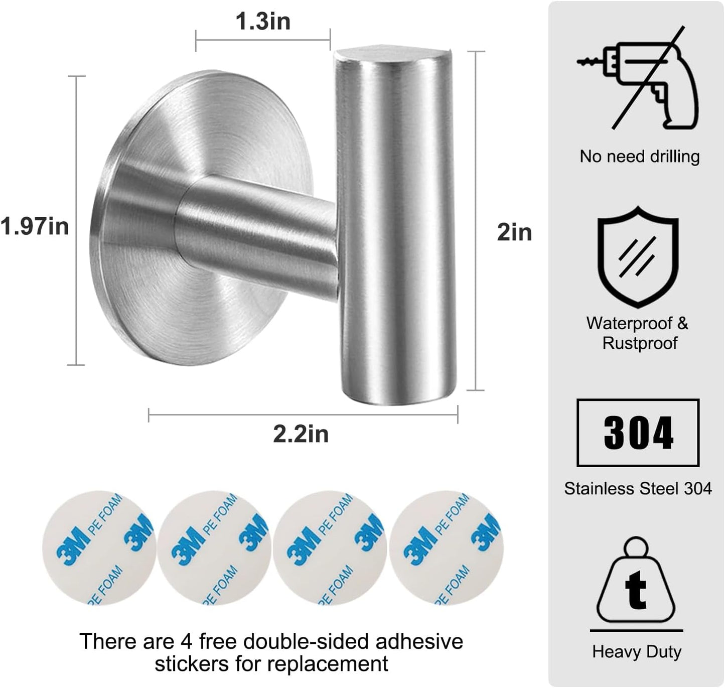Vuzvuv Adhesive Hooks White SUS304 Stainless Steel - Self Adhesive Heavy Duty Waterproof Wall Hooks for Towel, Coat, Robe in Bathrooms Kitchen Hotel (2-Pack)