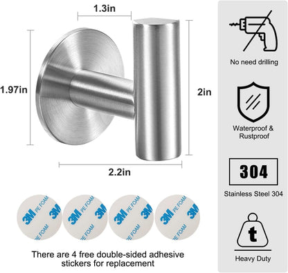 Vuzvuv Adhesive Hooks White SUS304 Stainless Steel - Self Adhesive Heavy Duty Waterproof Wall Hooks for Towel, Coat, Robe in Bathrooms Kitchen Hotel (2-Pack)