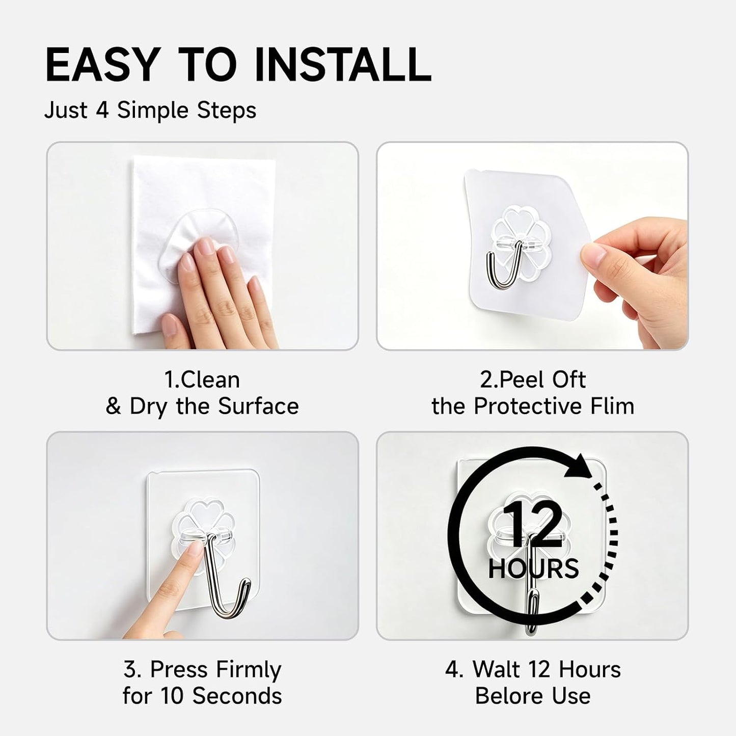 16 Pack Crystal Clear Adhesive Hooks for Hanging, Heavy Duty 22lb | Sticky Hooks, Invisible Clear Wall Hooks No Drill No Damage, Waterproof Shower Hooks for Bathroom Kitchen Towel Keys