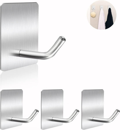 Adhesive Hooks Heavy Duty, Long Stainless Steel Self Adhesive Wall Hook, Sticky Towel Hangers for Kitchen Bathroom, Waterproof Stick on Door Hooks for Hanging Key Hat Coat 4Pack(Black)