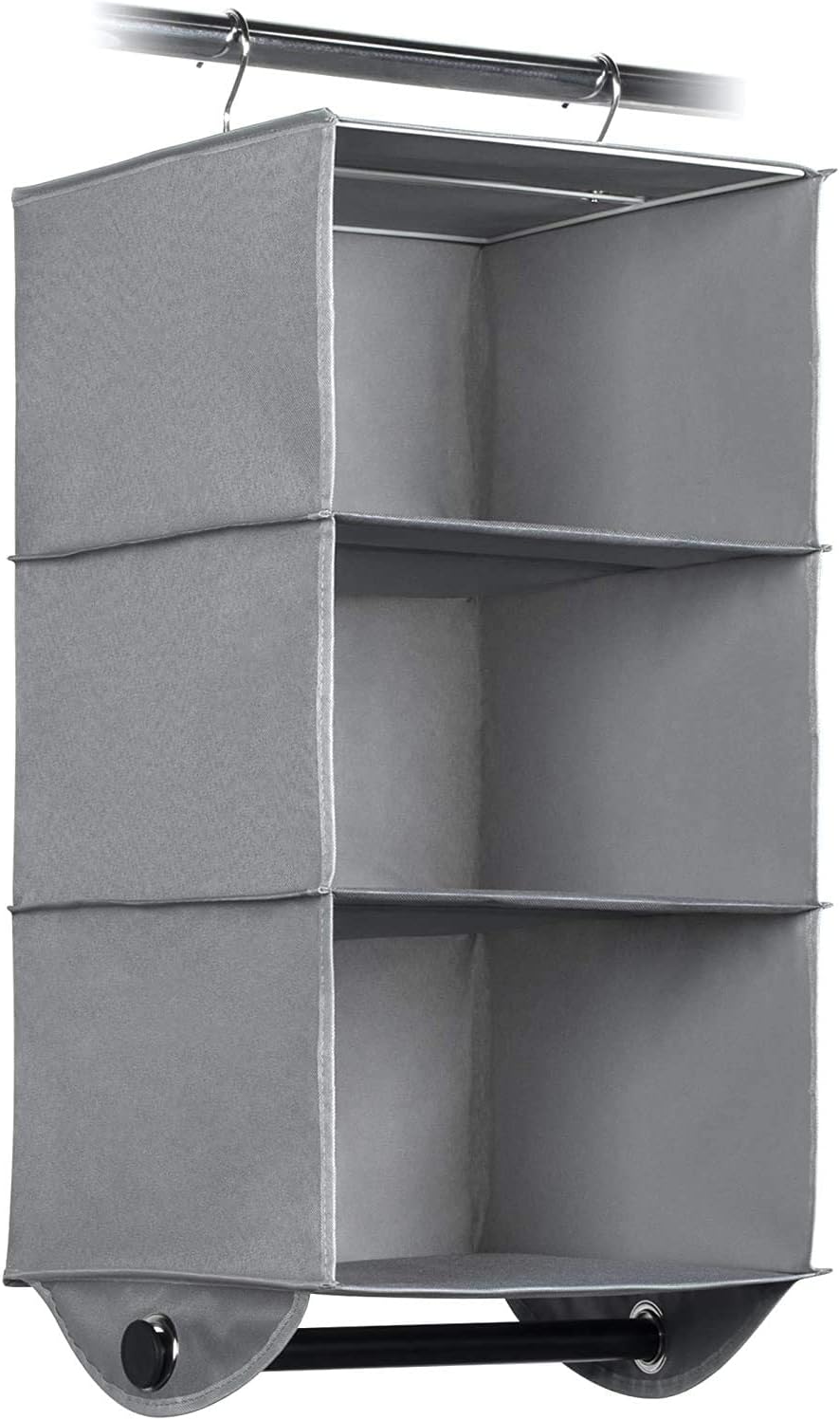 HOLDN’ STORAGE Hanging Closet Organizer with Garment Rod – Heavy Duty 4-Shelf Hanging Shelves for Clothes, Sweaters & Shoes, Reinforced 600D Fabric Storage Unit with Built-in Clothing Rod, Grey