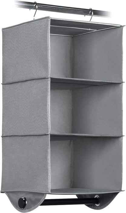 HOLDN’ STORAGE Hanging Closet Organizer with Garment Rod – Heavy Duty 4-Shelf Hanging Shelves for Clothes, Sweaters & Shoes, Reinforced 600D Fabric Storage Unit with Built-in Clothing Rod, Grey