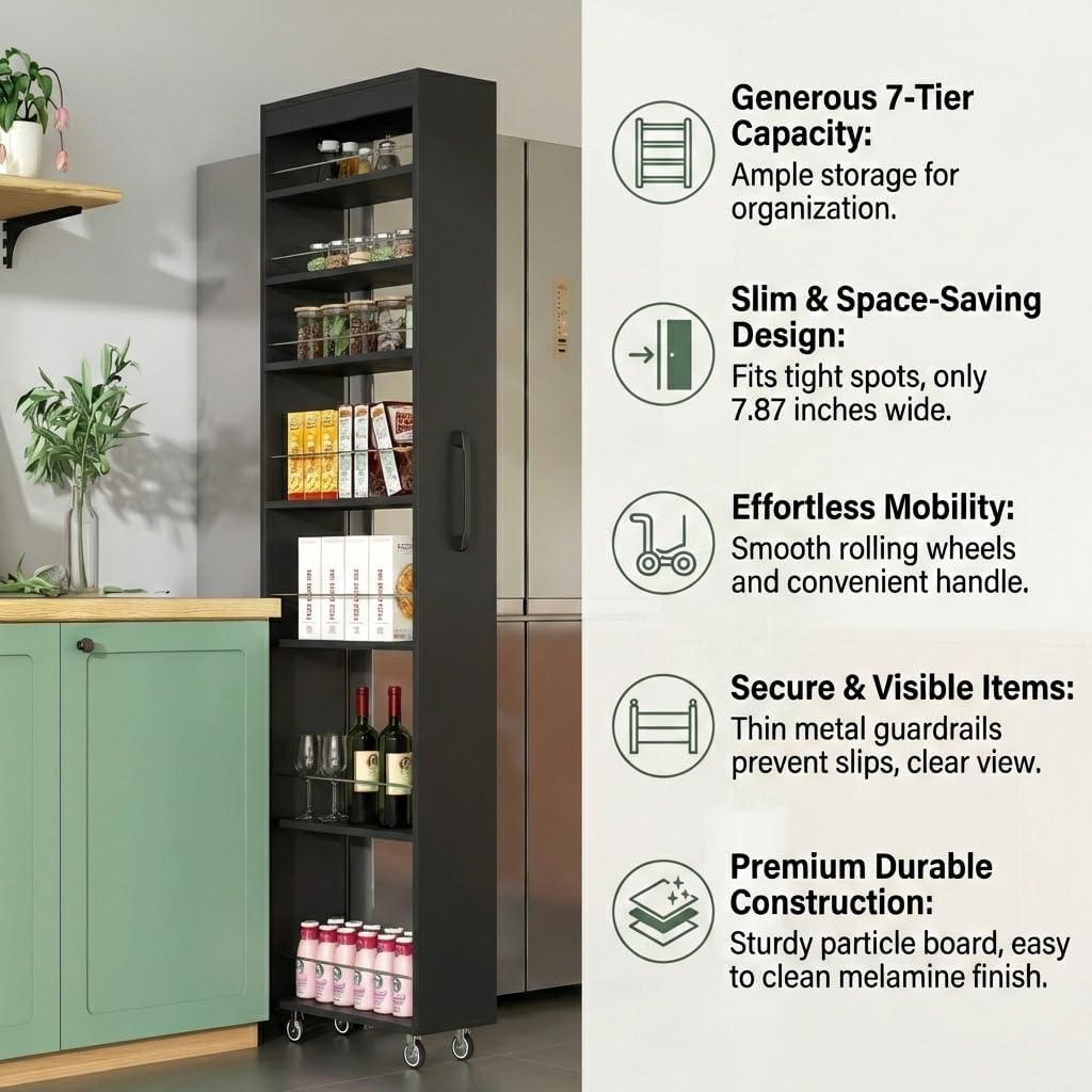 Slim Rolling Storage Cart, 6-Tier Pull-Out Spice Rack with Handle & Wheels, Narrow Kitchen Organizer for Next to Fridge, Pantry, Laundry Room,11.8 Inch Wide Space Saver（Black, With Side Panel)
