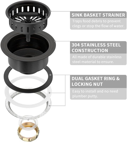 KONE 3-1/2 Inch Kitchen Sink Drain Strainer Assembly Made by All Stainless Steel with Strainer Basket/Drain Stopper, Replacement for Standard Commercial Drains