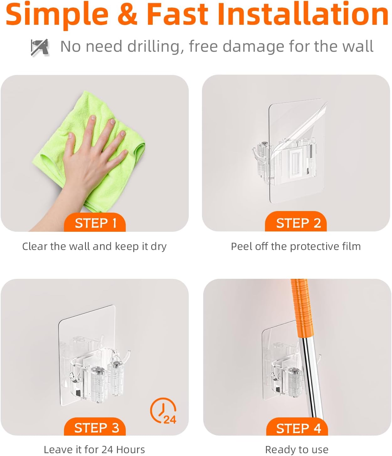 8 PackBroom Holder Wall Mount, New Version Adhesive Mop and Broom Holder Wall Mount, Super Anti-Slip Broom Hanger Mop Organizer Wall Hanging for Bathroom, Kitchen, Laundry Room