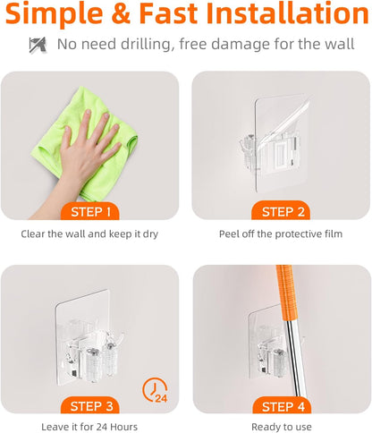 8 PackBroom Holder Wall Mount, New Version Adhesive Mop and Broom Holder Wall Mount, Super Anti-Slip Broom Hanger Mop Organizer Wall Hanging for Bathroom, Kitchen, Laundry Room