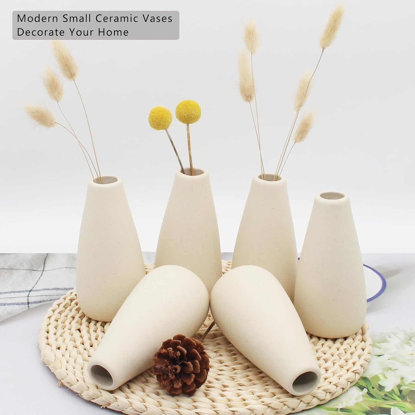 YANLING 6 Pack White Vase Small Ceramic Vases for Decor, Bud Vases | for Centerpieces White Vases for Flowers Boho Home Decor, Pampas Grass Dried Flowers Vases