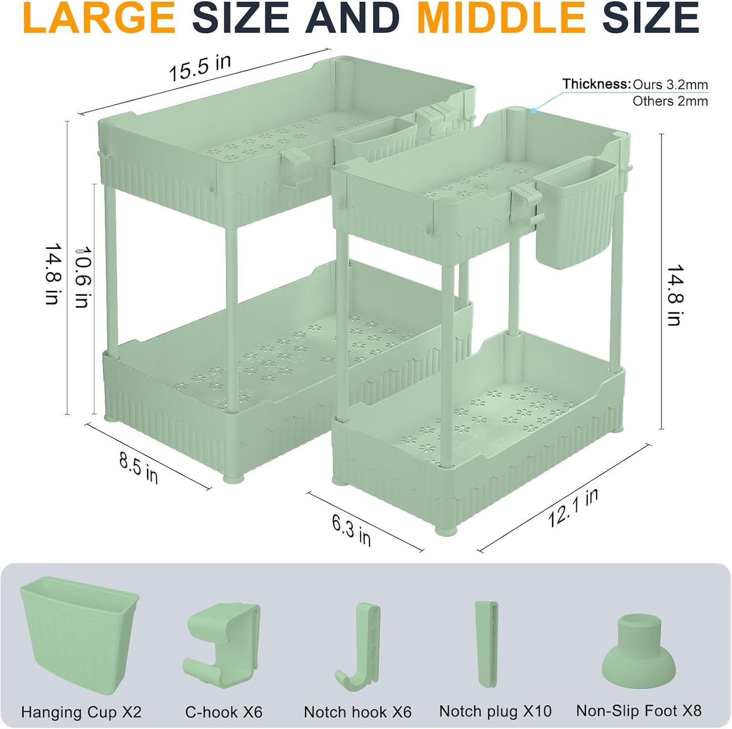 Sevenblue 2 Pack Under Sink Organizer, Under Bathroom Cabinet Organizer with Hooks Hanging Cup, Multi-Purpose Storage Shelf for Kitchen Bathroom, Black