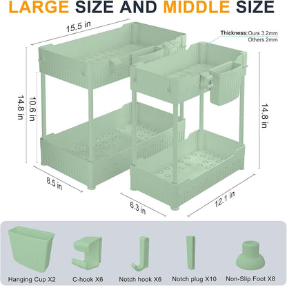 Sevenblue 2 Pack Under Sink Organizer, Under Bathroom Cabinet Organizer with Hooks Hanging Cup, Multi-Purpose Storage Shelf for Kitchen Bathroom, Black