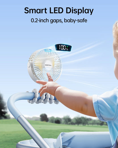 SWEETFULL [2026 Upgrade Portable Stroller Fan with LED Display, 4 Speed Rechargeable Mini Clip On Fan, 360° Rotate Flexible Tripod Better Cooling Small Baby Fan for Car Seat Crib Travel Treadmill