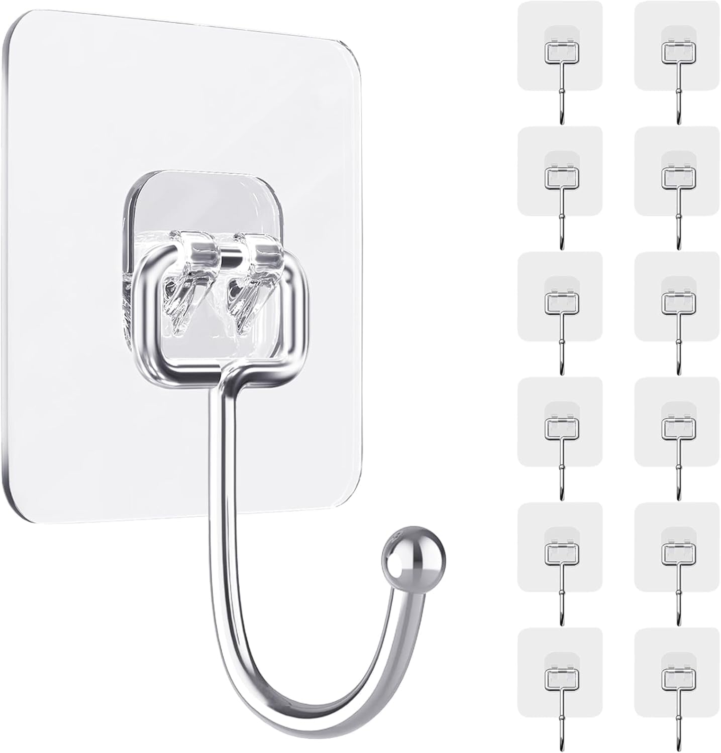 D Global Clear Adhesive Wall Hooks, Heavy Duty Self Adhesive, Waterproof & Removable, No Damage for Bathroom Kitchen Outdoor Use (12 Separable Large Hook)
