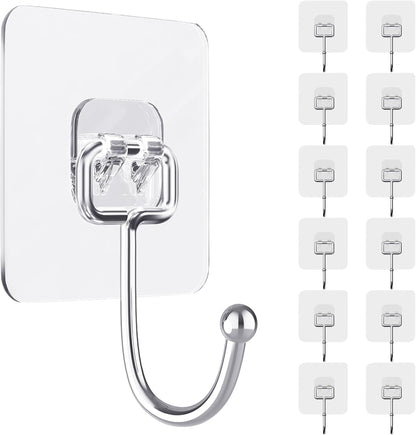 D Global Clear Adhesive Wall Hooks, Heavy Duty Self Adhesive, Waterproof & Removable, No Damage for Bathroom Kitchen Outdoor Use (12 Separable Large Hook)