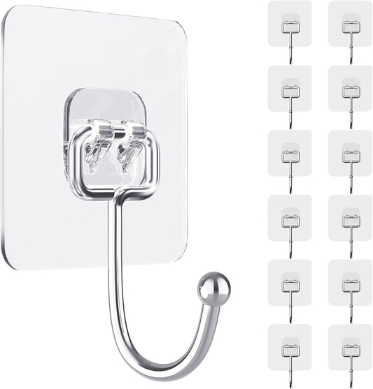 D Global Clear Adhesive Wall Hooks, Heavy Duty Self Adhesive, Waterproof & Removable, No Damage for Bathroom Kitchen Outdoor Use (12 Separable Large Hook)