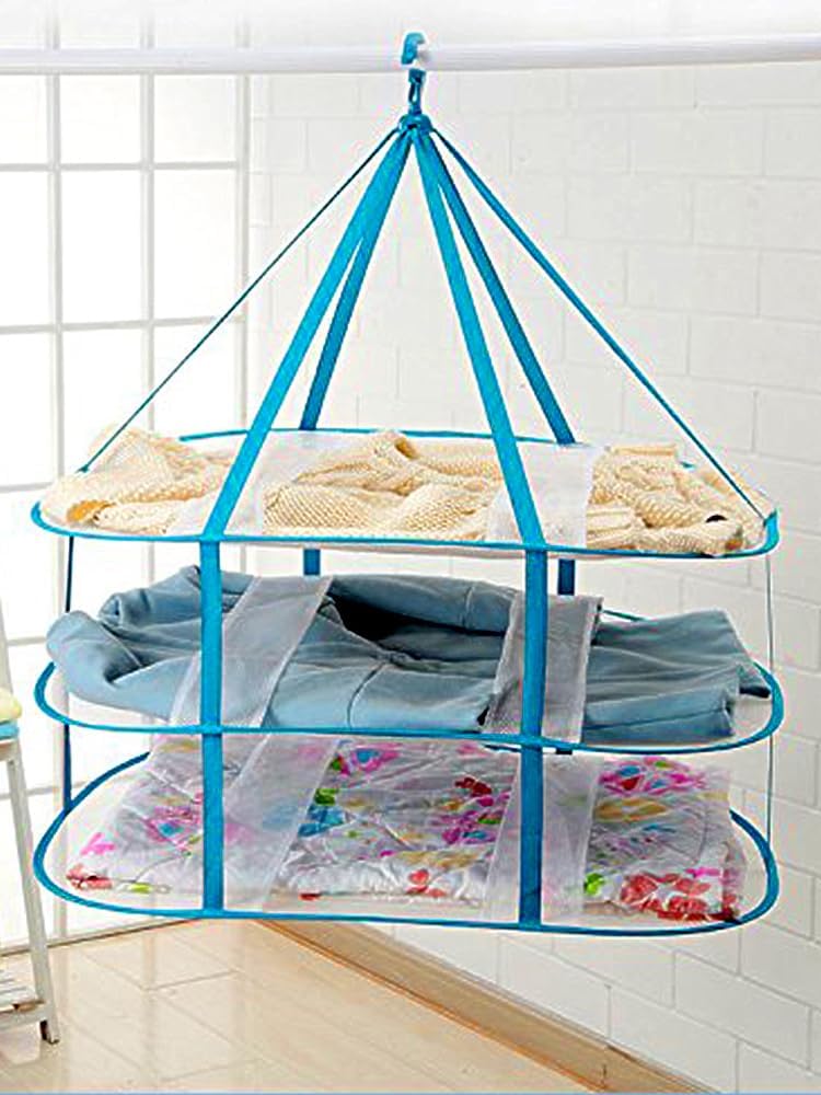 3 Tiers Folding Drying Rack, Mesh Clothes Hanging Dryer, Portable Hanging Laundry Rack with Fixing Band, Lay Flat to Dry Mesh Clothes Hanger for T-Shirt,Swimsuit,Sweater,Delicates