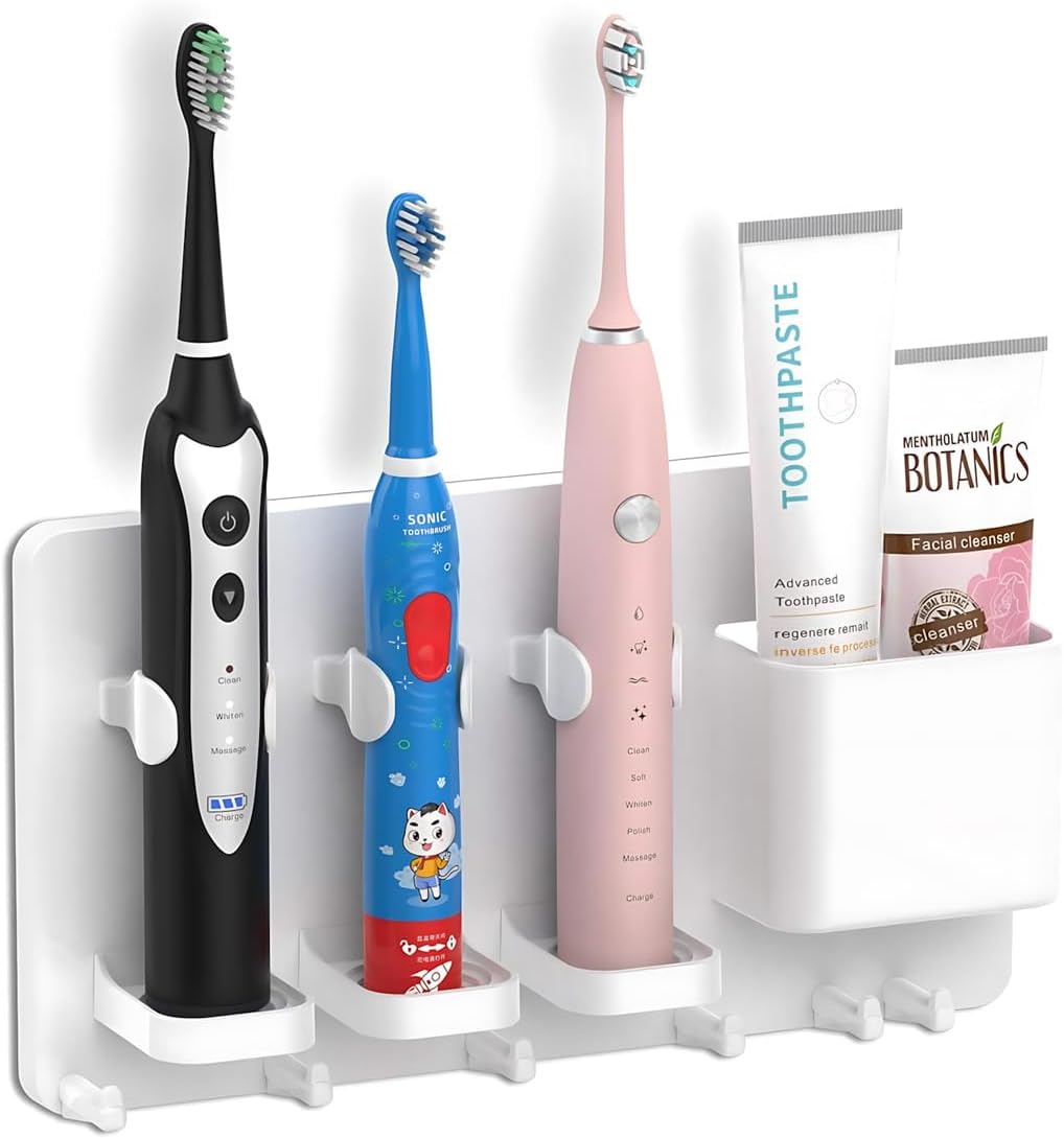 simpletome Adhesive Electric Toothbrush Holder Wall Mounted (White) | no drilling required | adhesive installation | 2pcs self-adhesive tape included | abs plastic | with 6hooks | razor hanger