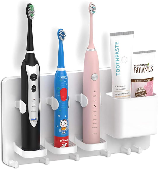 simpletome Adhesive Electric Toothbrush Holder Wall Mounted (White) | no drilling required | adhesive installation | 2pcs self-adhesive tape included | abs plastic | with 6hooks | razor hanger