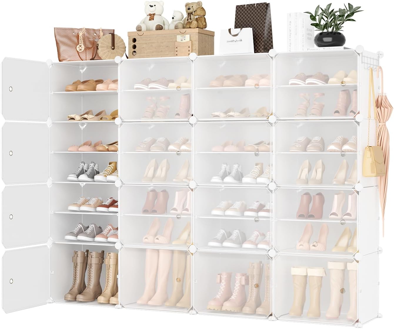 Portable Shoe Rack Organizer with Door, 96 Pairs Shoe Storage Cabinet Easy Assembly, Plastic Adjustable Shoe Storage Organizer Stackable Detachable Free Standing DIY Expandable 12 Tier Black