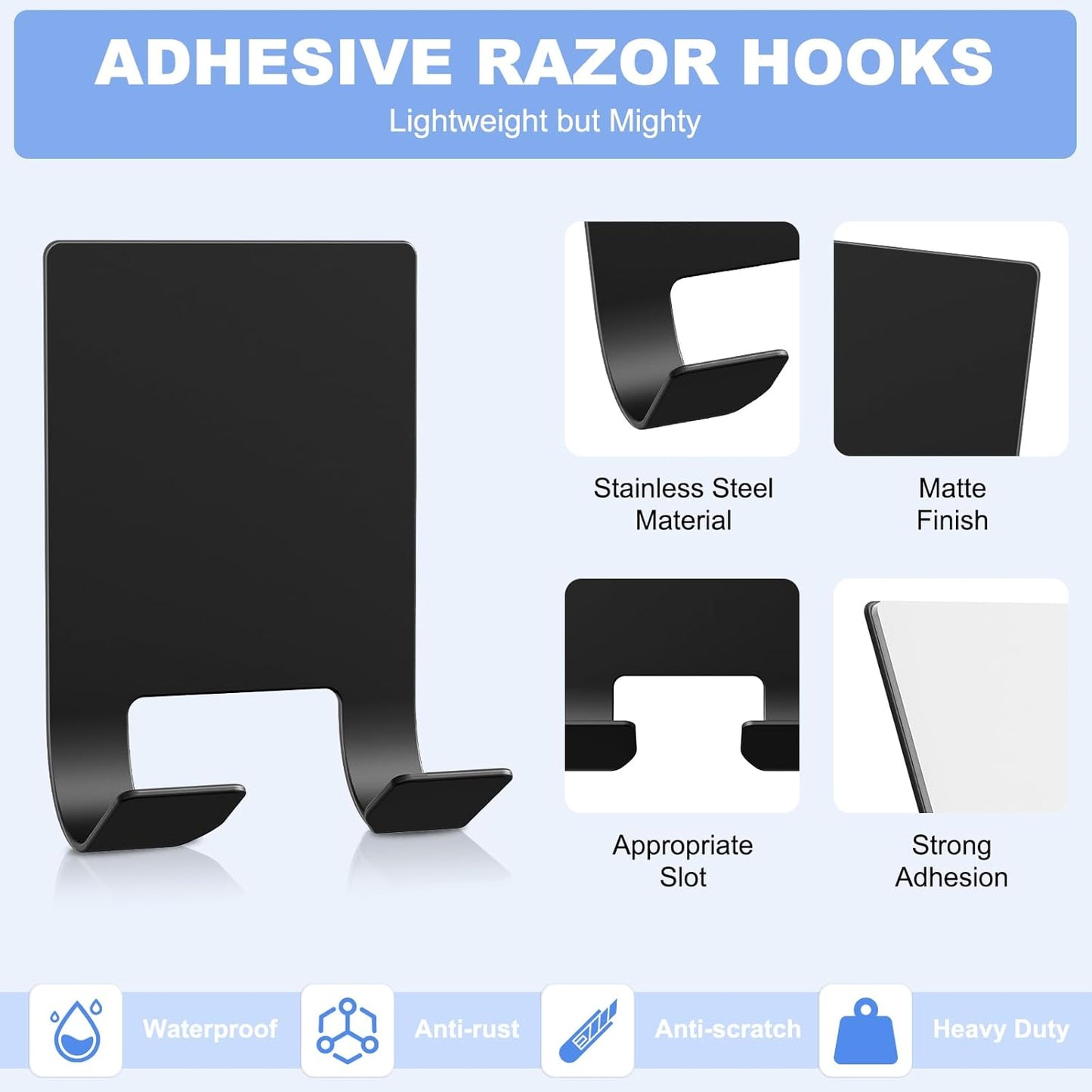 VIS'V Adhesive Razor Holder, Wall Mount Shower Razor Hooks for His and Hers, Metal, Waterproof, White, 2 Pcs