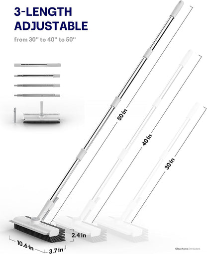 Floor Scrub Brush with Long Handle, 3 in 1 Scrape and Heavy-Duty Stiff Bristle Floor Scrubber Brush with Squeegee and Tweezer for Cleaning Tile Wall Deck Bathroom Patio Garage Kitchen (White)