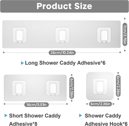 Shower Caddy Adhesive Replacement Flat, Transparent Adhesive Hooks | No Drilling, Waterproof, for Shower Caddy, Strong Bathroom Storage Shelves and Kitchen Racks (Double*8pcs + Single*4pcs)