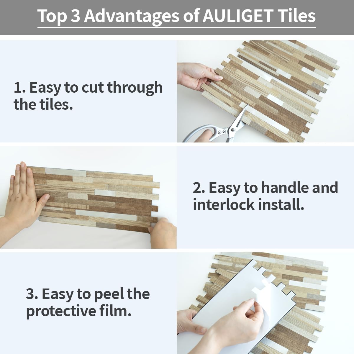 AULIGET 20 Sheets Peel and Stick Backsplash, Black & Grey Wood Look PVC Mixed Metal Stick on Backsplash Tiles for Kitchen