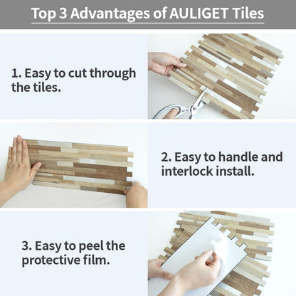 AULIGET 20 Sheets Peel and Stick Backsplash, Black & Grey Wood Look PVC Mixed Metal Stick on Backsplash Tiles for Kitchen