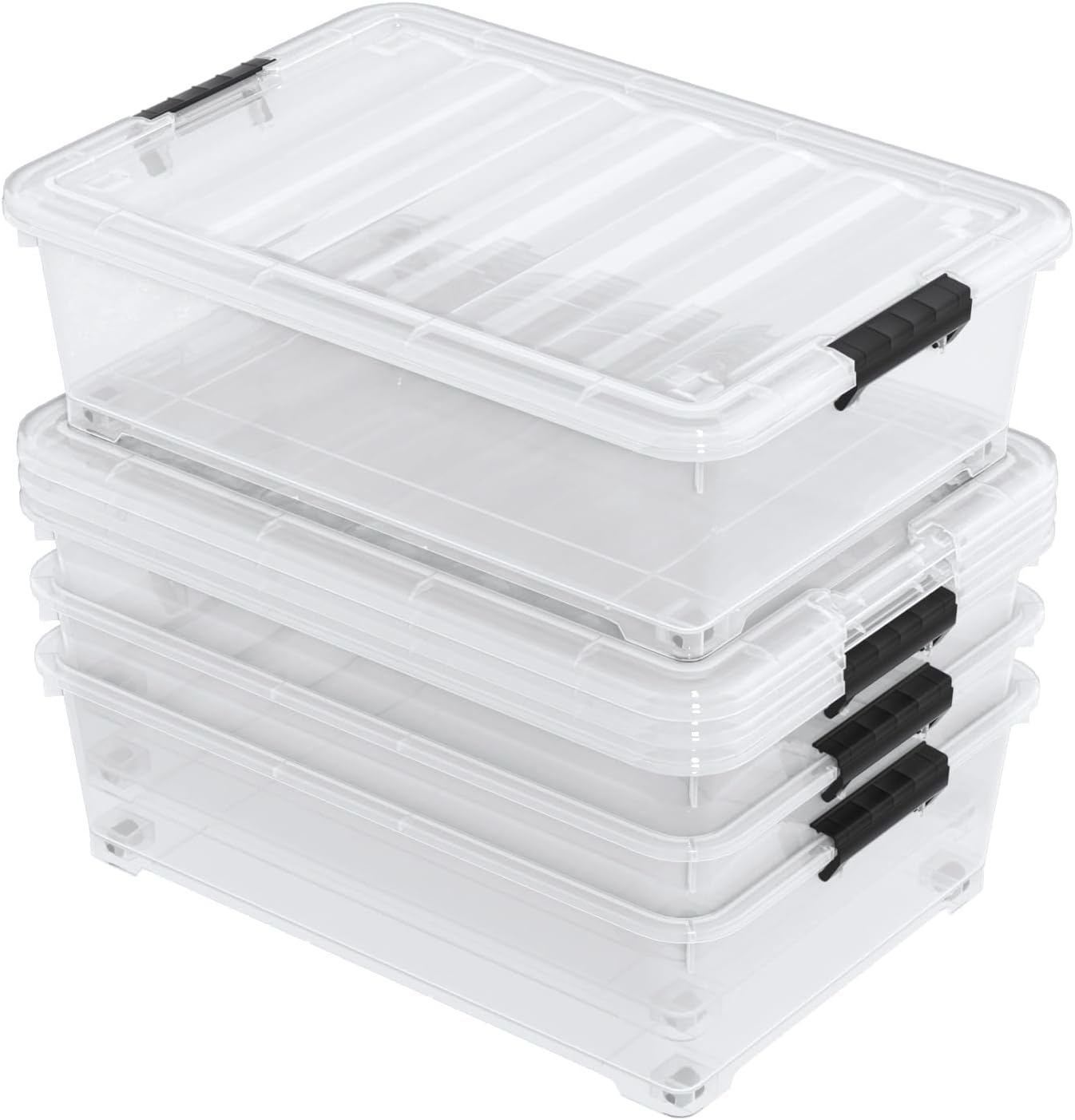 40 Quart Plastic Clear Underbed Storage Bin with Wheels, 3 Packs | Stackable Large Flat Under Bed Organization Boxes with Lids