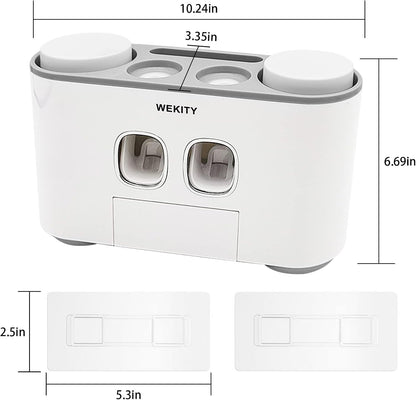 Toothbrush Holder Wall Mounted, WEKITY Multi-Functional Toothbrush and Toothpaste Dispenser for Bathroom, with 5 Toothbrush Slots, 2 Toothpaste Squeezers and 4 Cups(Grey)