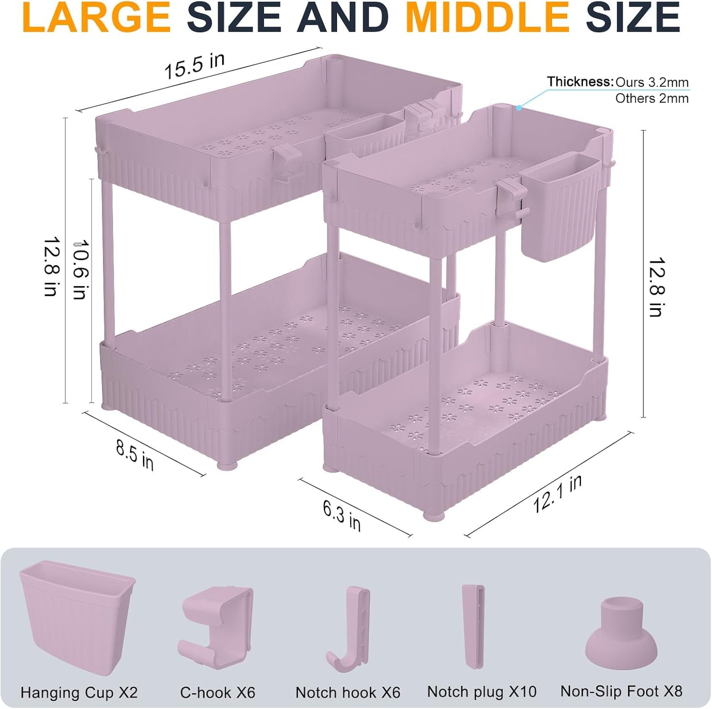Sevenblue 2 Pack Under Sink Organizer, Under Bathroom Cabinet Organizer with Hooks Hanging Cup, Multi-Purpose Storage Shelf for Kitchen Bathroom, Black