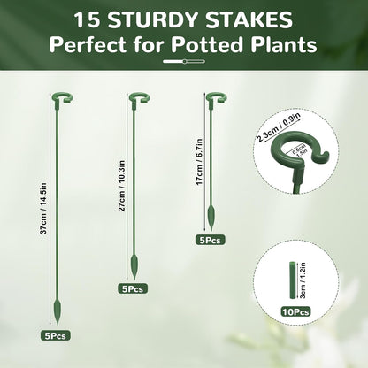 15-Pack Small Plant Stakes with Movable Clips, Adjustable Orchid Stakes and Clips in 3 Heights for Potted Plants, Bulb Flowers and Light-Duty Single Stem Support ﻿