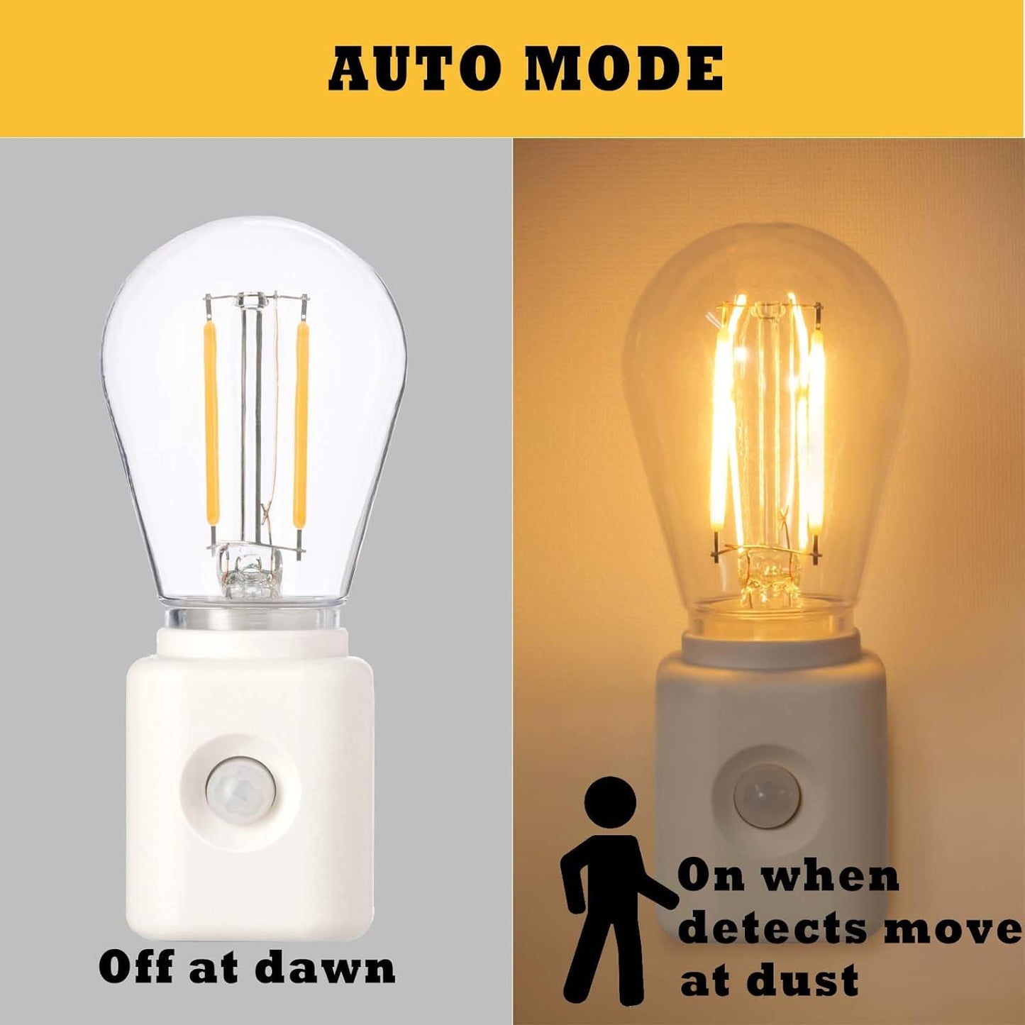 Led Night Light Bulb Plug in, 1W Vintage Nightlight, Dusk to Dawn and Motion Sensor, Warm White 2700K, 10-100LM Adjustable Brightness, Dimmable, for Hallway Bedroom Stairway, 1 Pack
