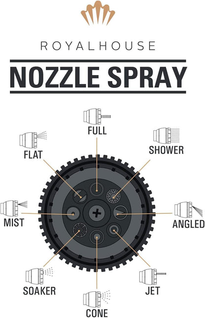 RoyalHouse Garden Hose Nozzle, 8 Adjustable Spray Patterns, High-Pressure Washer Nozzle, Heavy Duty Hose Head, Watering Lawn and Garden, Washing Cars, Bathing Dogs & Cats